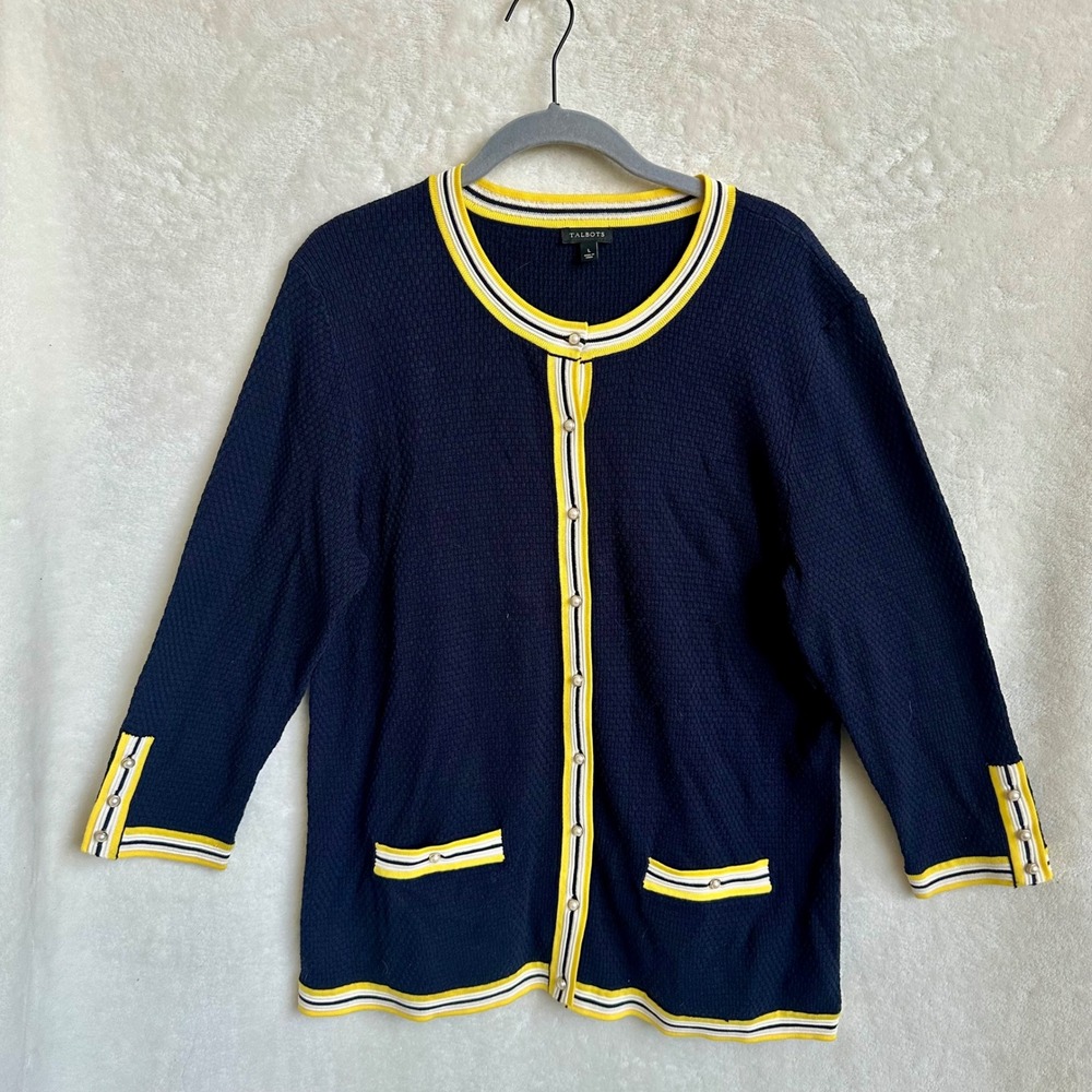 Talbots Navy Basket Weave Cardigan Yellow Trim Pearl Buttons Nautical Large